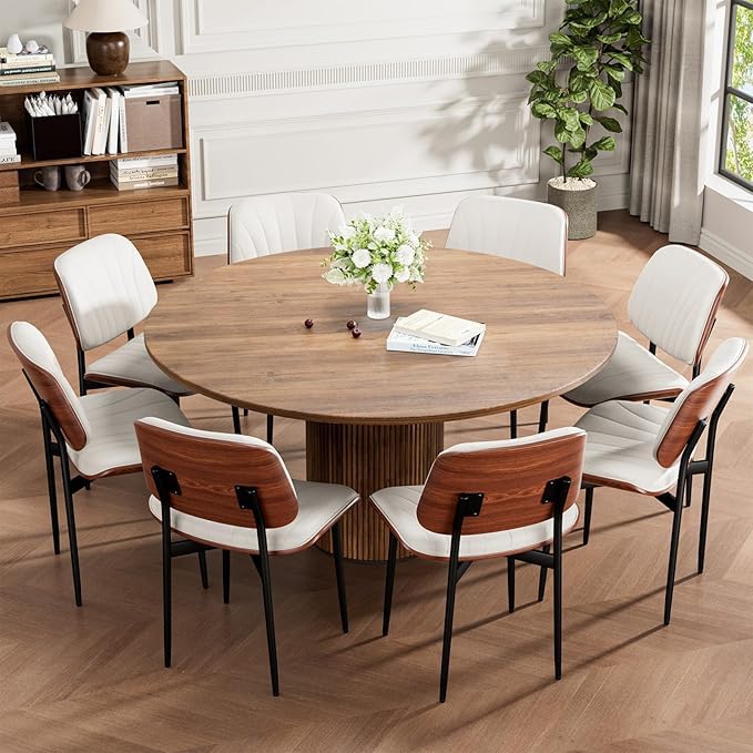 Dining Chairs Set of 2, Mid-Century Modern Upholstered PU Leather Chairs with Walnut Bentwood Back and Metal Legs Adjustable Feet for Kitchen Dining Room, Off-White Shell Strips