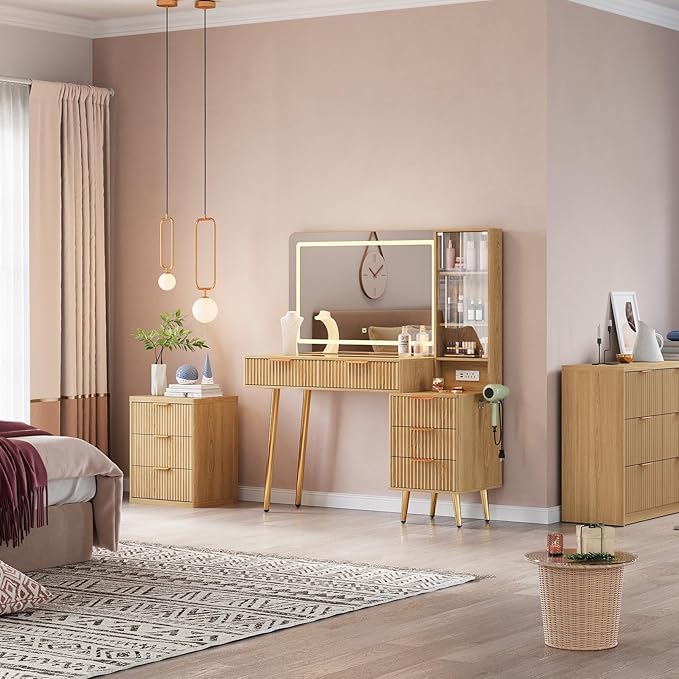 GarveeHome Fluted Makeup Vanity Desk with Lights, 48 in Big Vanity with Glass Top and Large 36" HD Lighted Mirror, Modern Dressing Table with 5 Drawers 3-Tier Shelves Set w/Charging Station (Oak)