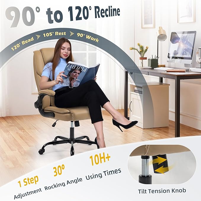 Office Chair - Executive Leather High Back Office Desk Chair with Rocking Function - Ergonomic Breathable Comfortable Wide Swivel Rolling Gaming Computer Chair with Flip-up Armrests & Lumbar Support