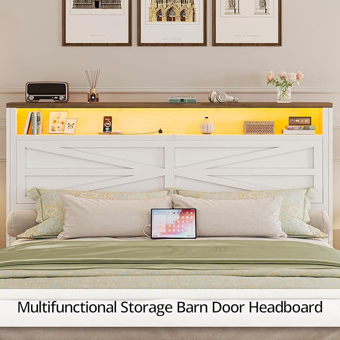 IRONCK Farmhouse Full Size Bed Frame with LED Light and Charging Station, Wood Bed Frame with Storage Headboard and 2 Drawers， Barn Door Design, Sturdy and Noiseless, White