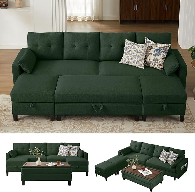 101" Convertible Sectional Sofa with Ottoman Coffee Table, Modern Linen Fabric U-Shaped Couch with Storage Pocket, 4 Seat Sofa Couches for Living Room, Apartment, Office, Green
