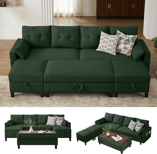 101" Convertible Sectional Sofa with Ottoman Coffee Table, Modern Linen Fabric U-Shaped Couch with Storage Pocket, 4 Seat Sofa Couches for Living Room, Apartment, Office, Green