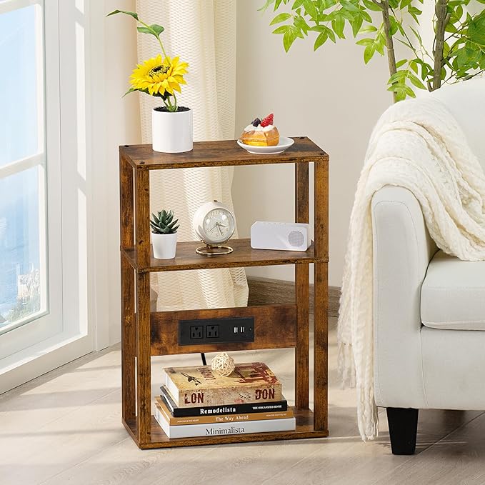 3-Tier Small Narrow Wood Side Table Set of 2 with Charging Station - Skinny Nightstand for Small Spaces, Slim Bedside Table with USB Ports and Outlets - Thin End Table with Storage, Brown