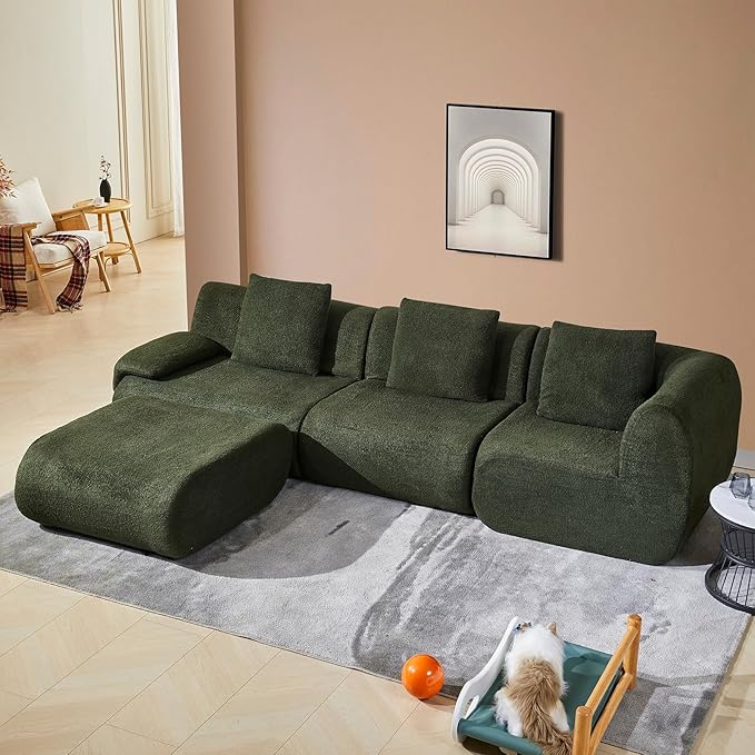 118" Modular Sectional Sofa with Movable Ottoman, 3-Seater Modern Teddy Velvet L-Shaped Couch, Convertible Cloud Sofa for Living Room, Sectional Boneless Couch