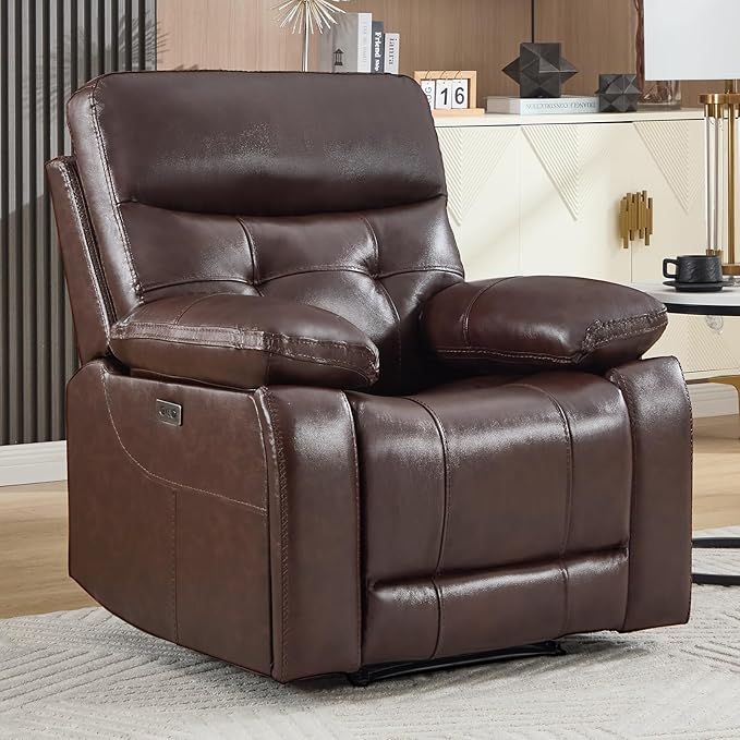 CANMOV Genuine Leather Recliner Chair, Power Single Reclining Sofa with Comfortable Arms and Back, Modern Electric Recliner Couch Set with Hidden Cup Holders,USB,Type C Port for Living Room,Dark Brown