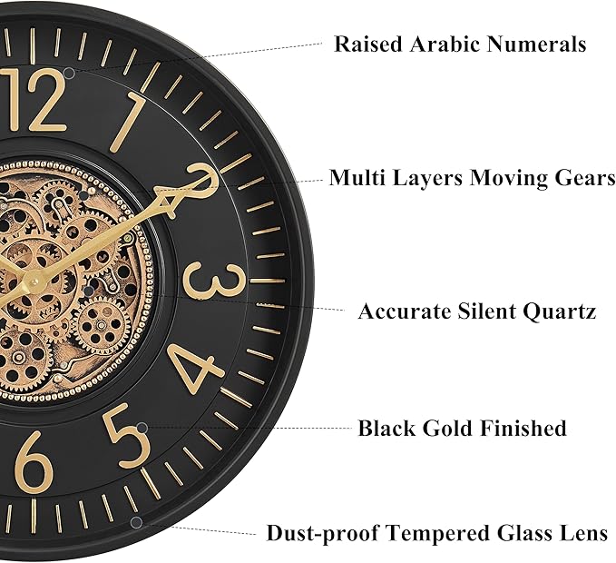 CLXEAST 21 Inch Moving Gear Wall Clock, Large Regular Arabic Numeral Wall Clocks for Living Room Decor,Modern Black& Gold Finish,House Warming Gifts New Home