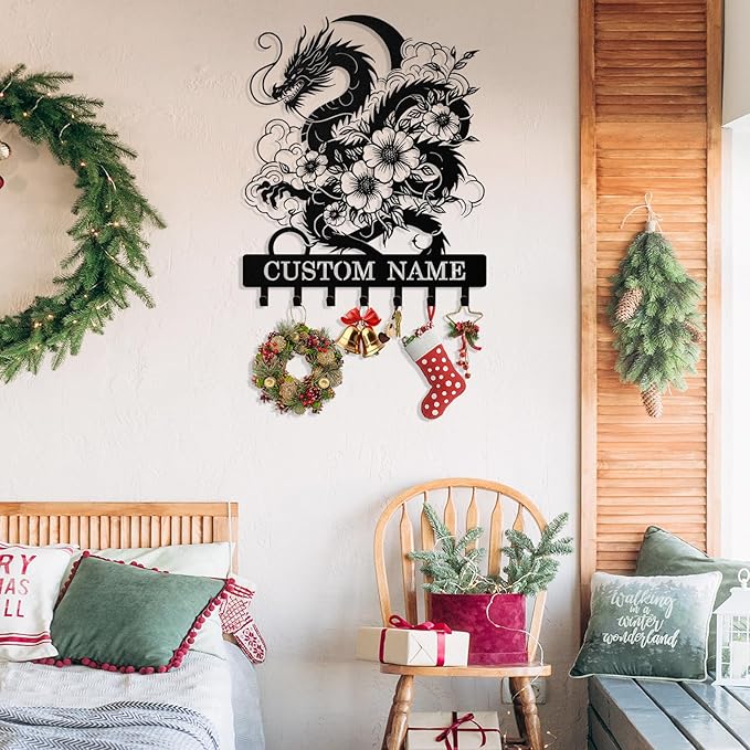 Personalized Key Holder Wall Mount, Custom Metal Dragon Keys Holder for Wall with Name, Wall Key Hanger Rack with Hooks for Entryway, Front Door, Living Room, Kitchen, Bathroom, Garden