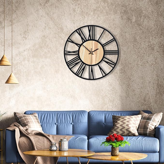 20inch/50cm Large Wall Clocks for Living Room Decor,Bedroom,Battery Operated,Metal,Decorative,Analog,Silent,Non Ticking Big Wall Clock(Wooden Roman Numerals, 20 inches)