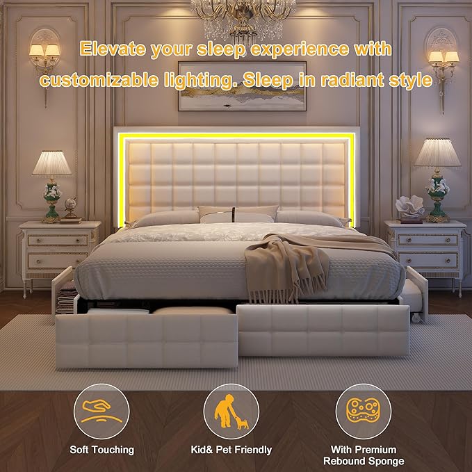 King Bed Frame with LED Lights & Storage Drawers, No Box Spring Needed, Heavy Duty 900lbs Weight Capacity, Easy Assembly, Modern Upholstered Platform Bed, Velvet Cream