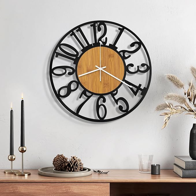 Maxstar Wall Clock Battery Operated,Silent Non-Ticking Modern Rustic Metal Round Clocks Small for Living Room/Bedroom/Office/Kitchen/Farmhouse Home Decor-12 Inch(Yellow-Wood)