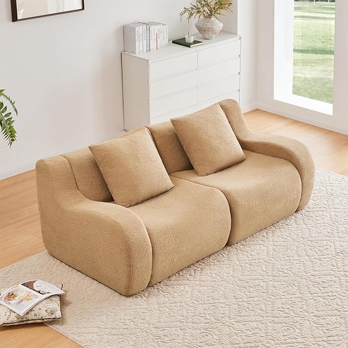 Camel Cloud Couch Loveseat, Modern Teddy Fabric Boneless Sectional Sofa in a Box for Living Room, Modular Floor Couch, No Assembly Required, Sofas para Sala