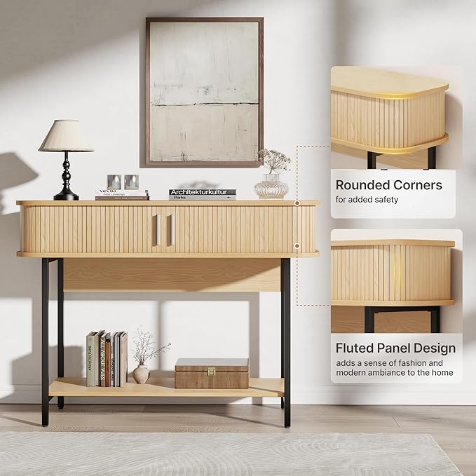 40" Mid Century Modern Entryway Table, Ultra Slim Fluted Console Table with Storage & Sliding Doors, Modern Round Corner Sofa Table, Wooden Entry Table for Hallway, Living Room, Natural