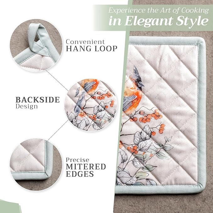 Maison d' Hermine Pot Holders 100% Cotton Heat Resistant Potholders 8" x 8" Hot Pads with Loop for Thanksgiving Christmas Decorations BBQ Cooking Handling Hot Pans (Pack of 1, Whitish Shabby Chique)