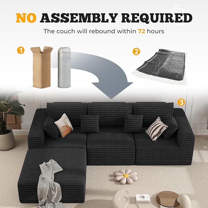 113" Modular Sectional Sofa, Convertible L-Shaped Cloud Couches for Living Room with Ottoman, 4 Seater Corduroy Boneless Couch Sofas Set, No Assembly Required, Black 1 PCS