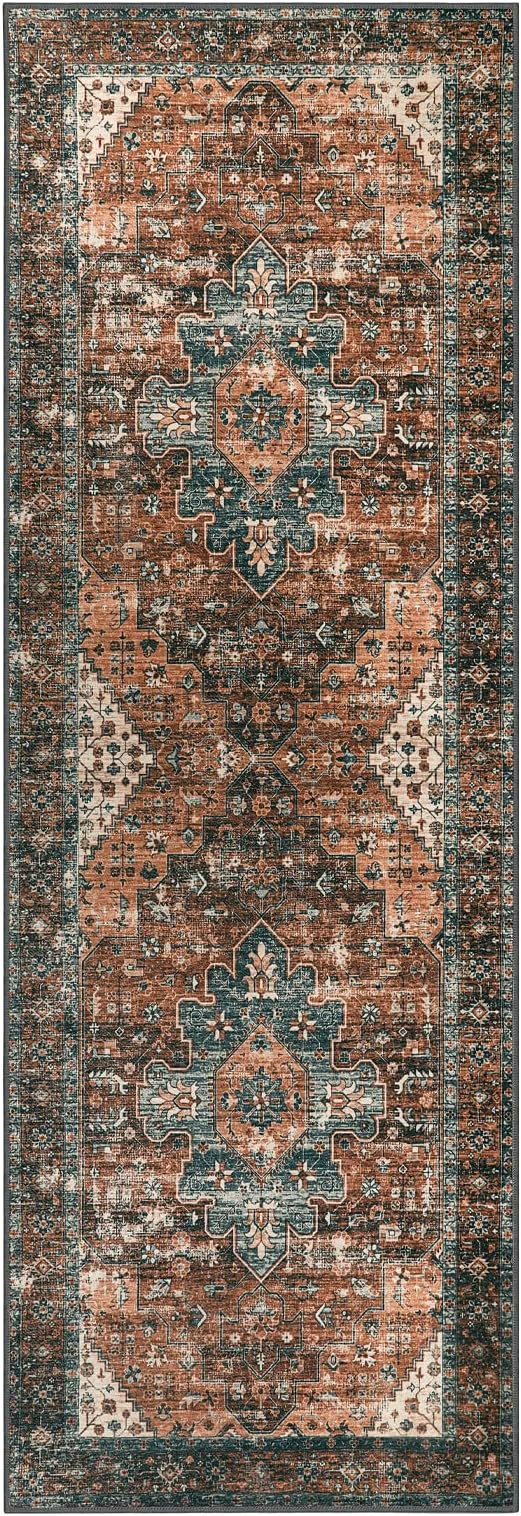 Moynesa Ultra-Thin Washable Runner Rug - 2x6 Non-Slip Non-Shedding Hallway Runner, Stain Resistant Kitchen Mat Laundry Entryway Carpet for Doorway Bedside, Brick Red/Dull Teal