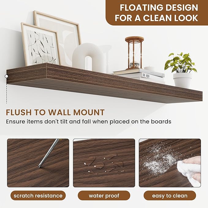 fuqing Floating Shelves for Wall, Wall Mounted Wood Floating Shelf with Invisible Brackets for Living Room, Bathroom, Bedroom, Kitchen Storage and Decor, 40 Inch Set of 2, Walnut