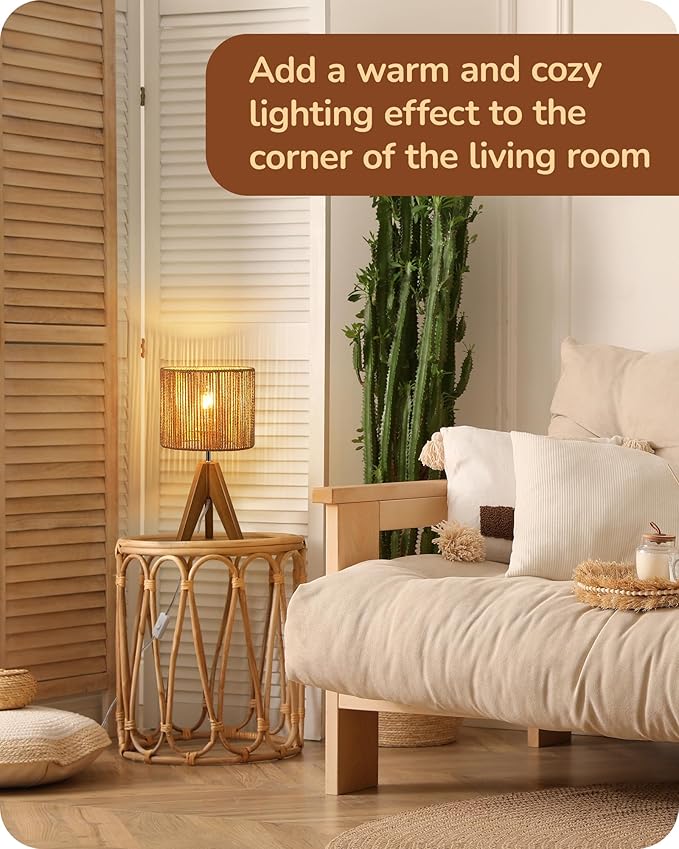 EDISHINE Small Rattan Table Lamp, Wood Tripod Bedside Lamp, Boho Nightstand Lamp for Living Room, End Table, Office, E26 Base, Natural Style