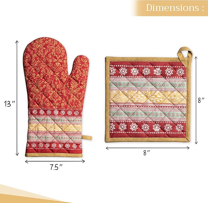 Maison d' Hermine 100% Cotton Oven Mitt & Pot Holder Set (7.5"x13" & 8"x8") Heat Resistant BBQ Cooking Gloves with Loop for Thanksgiving Christmas Decorations Handling Hot Pans (Sofia)