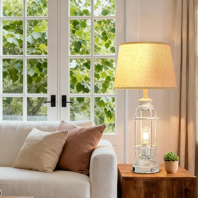 28" Table Lamps for Living Room Set of 2, 3 Way Dimmable Touch Lamps with USB A+C Ports,Farmhouse Table Lamps for Bedroom,Industrial Lamp for Living Room End Tables,4 Bulbs Included