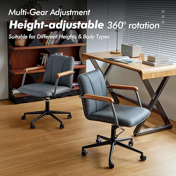 Home Office Desk Chair, Ergonomic Minimalist Faux Leather Swivel Chair with Oak Wood Armrests, Comfortable Task Chair for Computer or Study Room, 2 Pack, Charcoal Gray