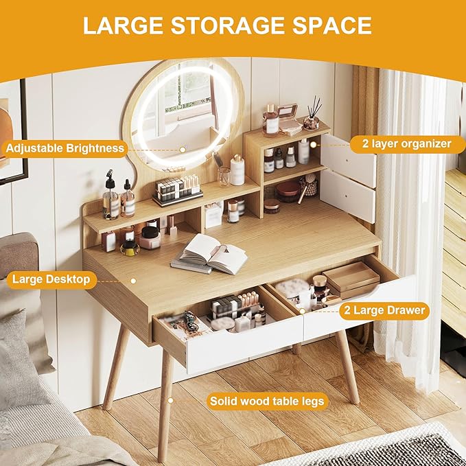 Ball & Cast 31.5" Vanity Desk with 3 Adjustable Lighted Mirror and Solid Wood Table Feet,MakeupDressing Table Set w/ 4 Drawers & 3 Open Shelves, for Small Space Bedroom Office,Nature