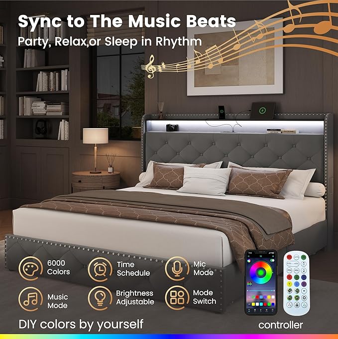 LARMACE Queen LED Bed Frame with Storage Headboard and USB Charging Station, Velvet Upholstered Platform Bed Frame with 4 Drawers, Tufted Beds with Heavy Duty Wood Slats Support, Easy Assembly, Grey