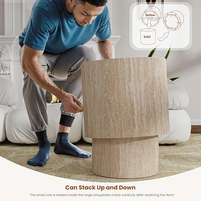 Nesting Coffee Table Set of 2 Modern Round Coffee Table with Non-Slip Feet, Wooden Circle Accent Tables Contemporary Drum Side Table End Table for Living Room Bedroom (Travertine)