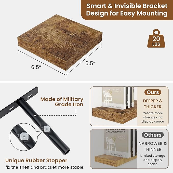 fuqing Floating Shelves for Wall, Wall Mounted Wood Floating Shelf with Invisible Brackets for Living Room, Bathroom, Bedroom, Kitchen Storage and Decor,6.5 Inch Set of 3, Rustic Brown