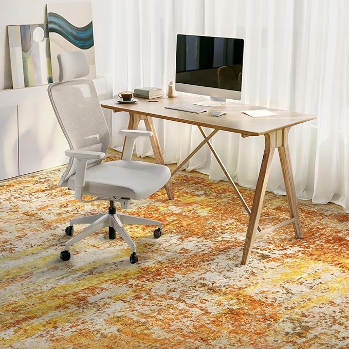 Washable Area Rugs for Living Room - 10x14 Abstract Modern Rug Neutral Soft Rug Stain Resistant Non-Shedding No Slip Low Pile Large Carpet for Bedroom Dining Room Nursery Home Office - Orange/Gold