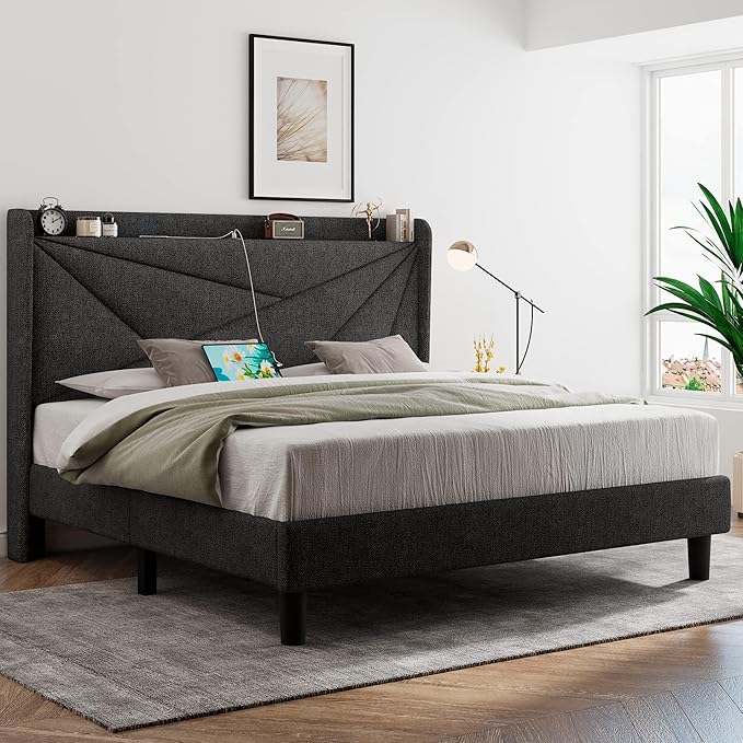 Feonase Queen Size Bed Frame with Charging Station, Linen Platform Bedframe with Wingback Storage Headboard, Solid Wood Slats Support, No Box Spring Needed, Noise Free, Dark Gray