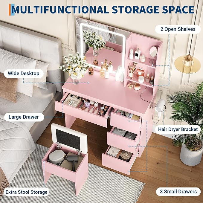 GarveeHome Vanity Desk with Mirror and Lights - Modern Makeup Dressing Table with Outlets, Storage Stool, 4 Drawers & Hair Dryer Holder - 3 Colors LED Vanity Mirror, Vanities for Bedroom, Pink