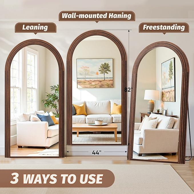 Antok Full Length Mirror 82"×44" Floor Mirror Standing Tall Mirror, Arched Stand up Large Wall Mirrors, Freestanding Full Body Mirrors for Bedroom Living Room Wood Vintage Style Nature