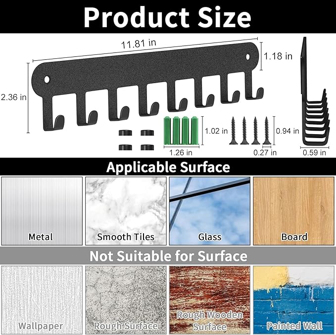 2 Pack Key Holder Wall Mount, Key Holder for Wall,Key Wall Holder, Key Hooks Hanging Keys, Key Hanger Wall Mount with 8 Hooks, Key Rack for Living Room, Kitchen, or Bathroo