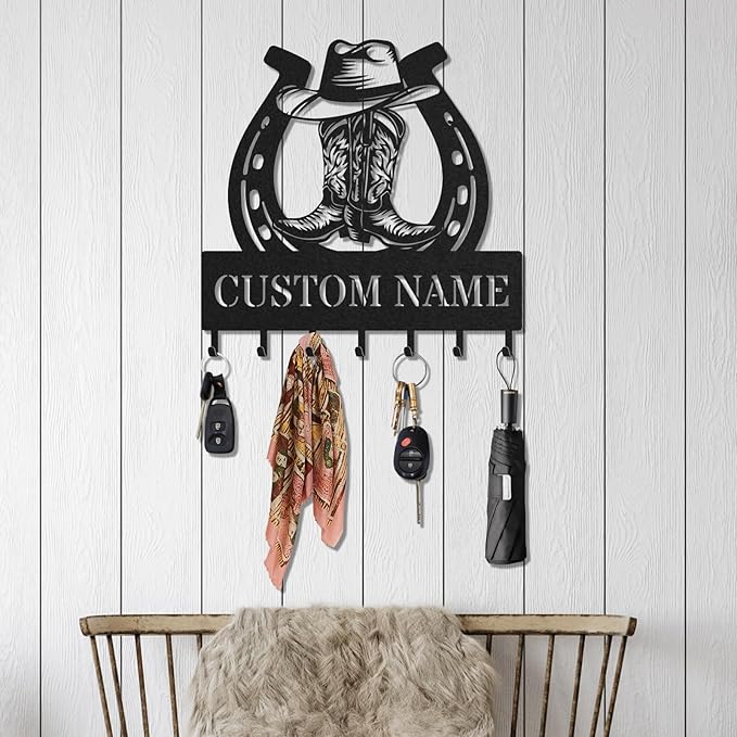 Personalized Key Holder for Wall, Custom Metal Cowboy Key Hooks with Name, Meta Jacket Holder Hooks Organizer Rack, Jacket Hanger Decor for Kitchen, Entryway, Hallway, Office, Doorway