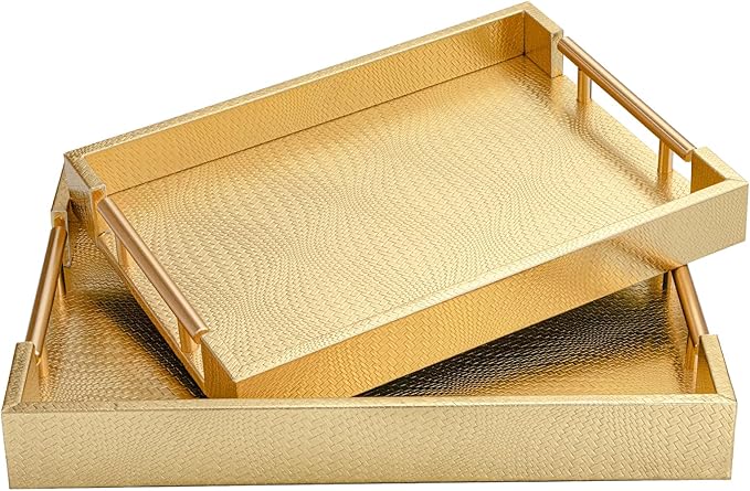 2 Piece Woven Leather Ottoman Tray with Gold Handles, Perfect Rectangular Serving Tray for Living Room, Coffee Table Home Decor Enthusiasts (Golden)