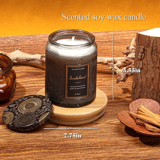 Sandalwood Scented Candle for Home, Luxury Glass Candles Soy Wax for Men and Women, Aromatherapy Candle Gift for Christmas Birthday Mother, 6.8 oz