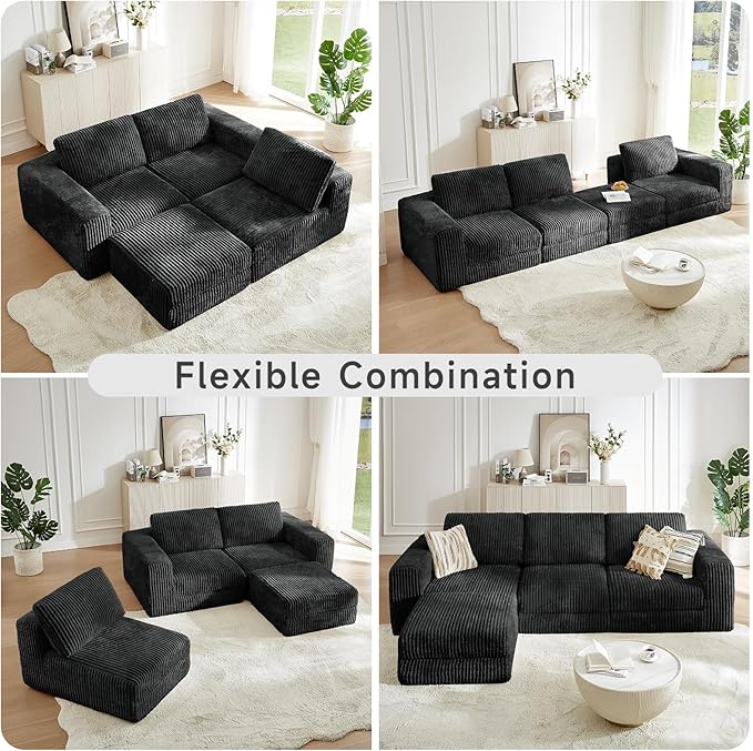 ONBRILL 110" Modular Sectional Sofa,L Shaped Couch 4 Seater with Sleeper Chaise, Sectional Couch with Deep Seat,Upholstered Corduroy Cloud Couches for Living Room,Bedroom,No Assembly Required,Black