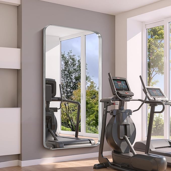 FORBATH 72x36 Inch Oversized Bathroom Mirror for Double Sinks, Brushed Silver Deep Frame Full Length Wall Mirror with Rounded Corners, Anti-Rust Tempered Glass (Horizontal/Vertical)