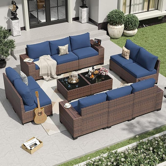Aoxun 12 Pieces Patio Furniture Set Wicker Rattan Outdoor Sectional Conversation Set with Coffee Table and 4” Thickened Cushions, Blue (Waterproof Cover Included)