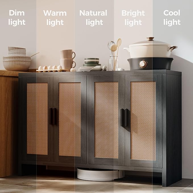 Mericonia Rattan Buffet Cabinet with Storage, Sideboard with Doors, TV Stand, Farmhouse Side Board Coffee Bar, Modern Wood Storage Cabinets for Livingroom, Kitchen and Dining Room (Black)