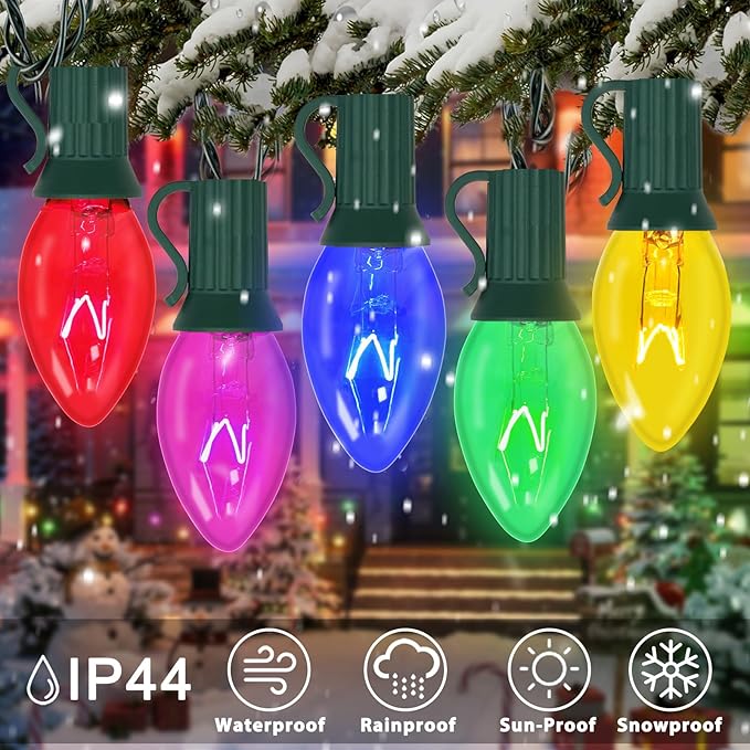 Couah C7 String Lights-25Ft Clear Vintage Multicolor Lights with 27 Colorful Incandescent Bulbs (2 Spare), Outdoor String Lights for Christmas Party Backyard Wedding- Green Wire, ULP(7)-LR(25)(5W)