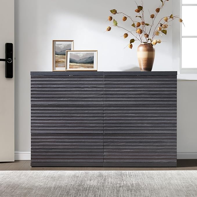 SICOTAS Sideboard Buffet Cabinet with Storage, Modern Credenza Storage Cabinet with 3 Larger Drawers, Fluted Media Console Mid Century Coffee Bar Table for Dining Room, Hallway, Dark Grey Alder