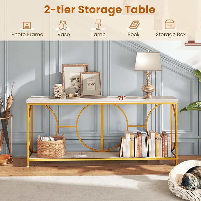 GOFLAME 71” Extra Long Console Table, 2-Tier Faux Marble Entryway Table with Storage Shelf, Geometric Metal Frame, Modern Gold Accent Table, Narrow Sofa Table for Living Room, Hallway