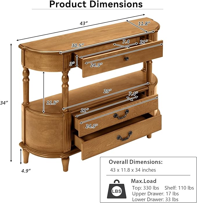 Amposei Retro Curved Entryway Console Table 43’’ Wood Half Moon Slim Entry Sofa Table with Drawers and Storage Shelf for Living Room Entrance Hallway Bedroom, Brown