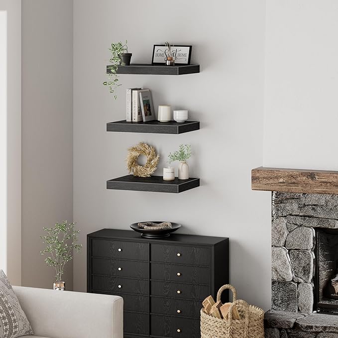 QEEIG 12" Deep Floating Shelves for Wall - 12 x 16 inch Book Shelf Bathroom Bedroom Kitchen Living Room Hanging Bookshelf Farmhouse Set of 3, Black (026-40B3)