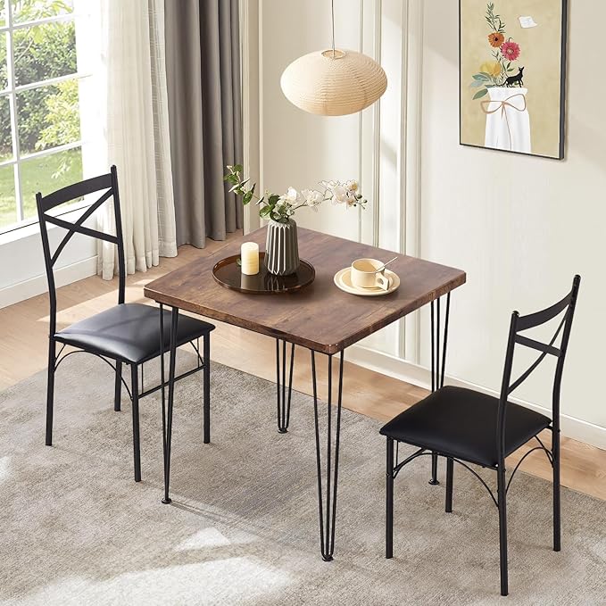 VECELO 3 Piece Dining Table Set for 2, Kitchen Table Set with 2 Chairs for Small Space, Space-Saving and Modern Design, Apartment, Easy to Assemble,Classic Brown