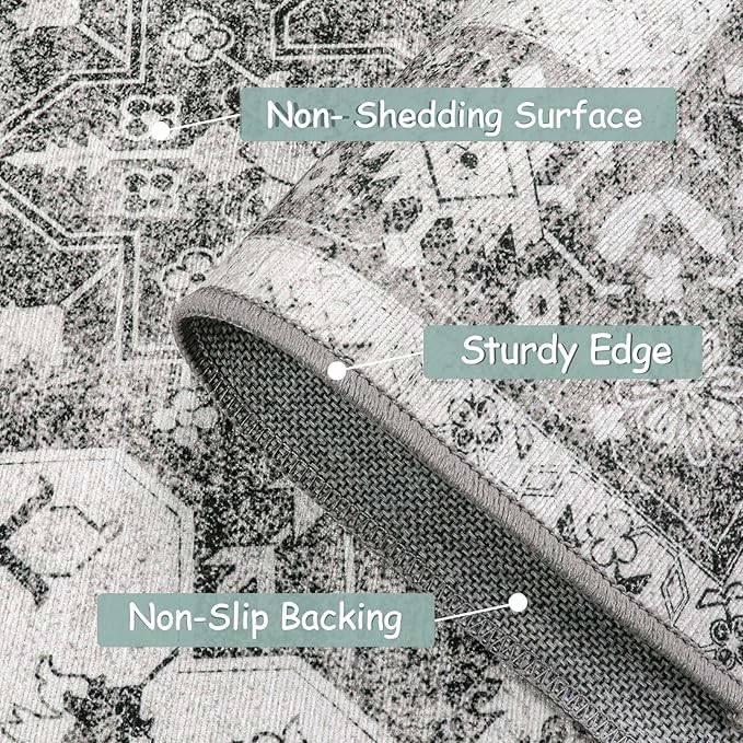 Moynesa Ultra-Thin Washable Area Rug - 5x7 Large Gray Rug for Living Room Vintage Rugs for Bedroom, Non Slip Non Shedding Pet Friendly Dining Room Mat Carpet for Department Office Kitchen