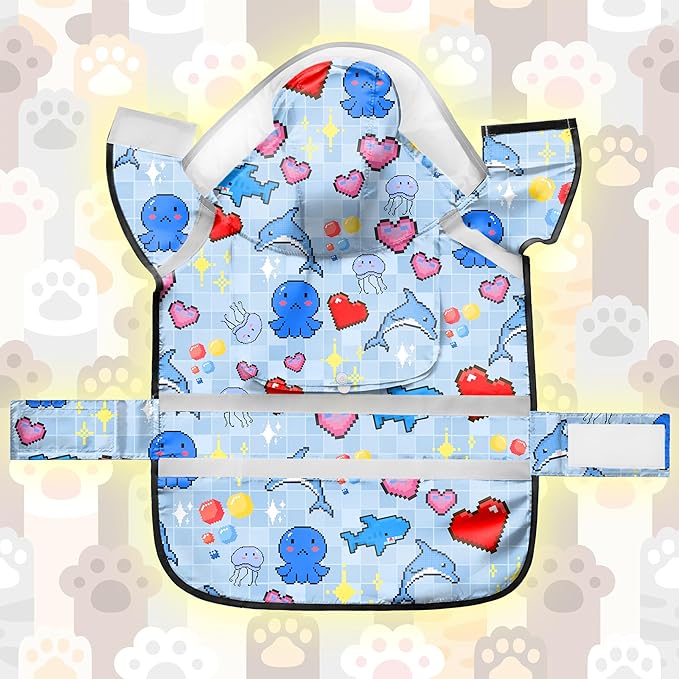 Dog Raincoat, Adjustable Dog Rain Jacket with Clear Hooded Double Layer for Large Medium Small Dogs Puppies, Waterproof Rain Coat Poncho Ocean Dolphin, Blue-XL