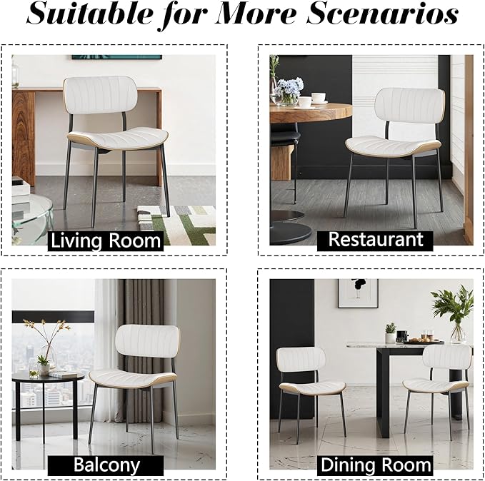 Modern PU Leather Dining Room Chairs Set of 4, Upholstered Kitchen Chairs with Curved Wood Backrest and Metal Legs Adjustable Feet for Kitchen Dining Room(White)