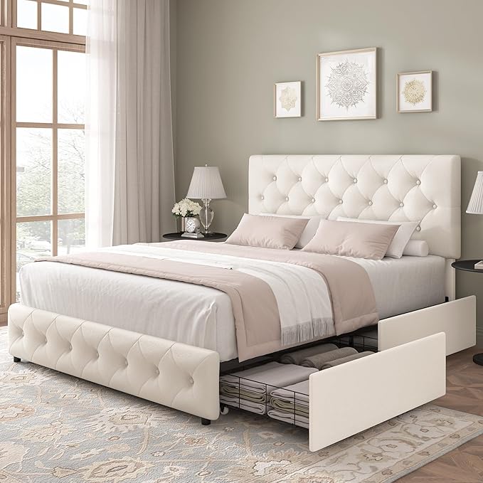 Keyluv Modern Upholstered Bed Frame with 4 Storage Drawers, Button Tufted Headboard Design, Solid Wooden Slat Support, Easy Assembly, Fabric, Beige, Queen Size